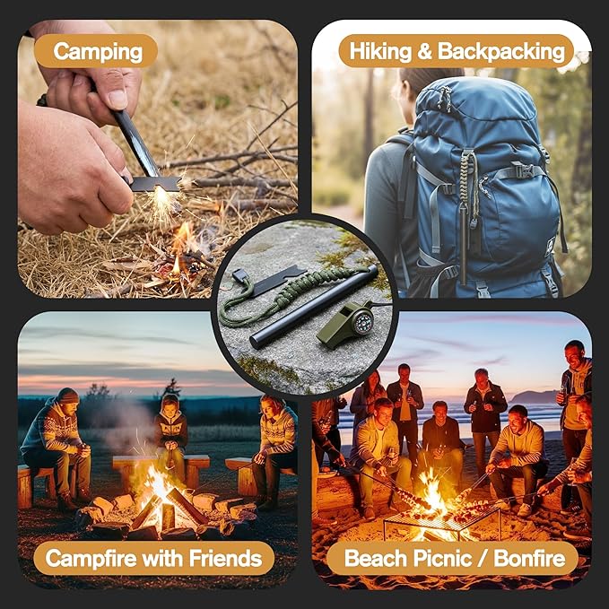 6" x 1/2" Drilled Ferro Rod Fire Starter Kit - Large Ferrocerium Flint and Steel, Multitool Striker & 3-in-1 Survival Whistle (with Compass, Thermometer)-Emergency Gear for Camping, Bushcraft