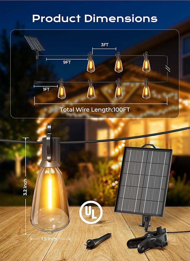 Brightown 108FT Solar String Lights Outdoor Waterproof, Patio Lights with Remote and 50+2 LED Shatterproof Bulbs, Dimmable & Timable, 3 Light Modes, Solar Lights Outdoor for Yard Garden Camping Party