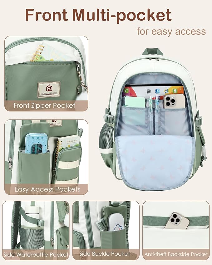 Hidds Laptop Backpack For College Women Elementary Middle High School Bag Teen Girls Bookbag Travel Daypack Backpacks (Green Beige)