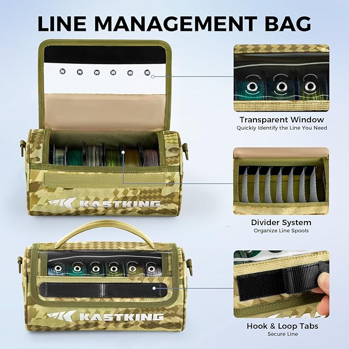 KastKing BaitSpace Line Management Bag, Fishing Line Storage Bag with Water Resistant Nylon, Clear View Window, Removable Divider, Tangle-free Leader Line Holder