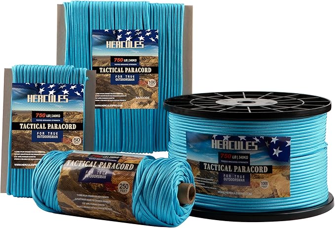 HERCULES 750lb Paracord 4mm 11 Strands Tactical Parachute Cord, 50' 100' 250' 1000' Utility Rope for Camping, Survival, Outdoor Gear (Sky Blue, 50FT)