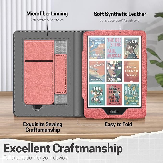 TNP Stand Case with Strap for Kindle Paperwhite 12th Gen 2024 / Kindle Colorsoft Signature Edition - 7" PU Leather Protective Folio Cover with Auto Wake/Sleep & Card Slot, Pink