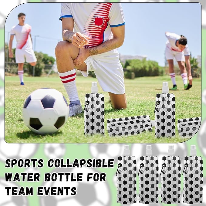 LemonRoad 24 Pack Collapsible Water Bottles Bulk 16 oz Sports Water Bottles with Carabiner Drinking Leak Proof Bags for Sports Party Favors Team Gifts Biking Hiking Travel Outdoor(Soccer Style)