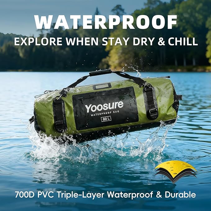 80L Waterproof Duffel Bag Motorcycle Dry Bag Backpack, Waterproof Zippered Bags with Backpack Spacer Pad for Kayaking Rafting Boating Canoeing Camping Paddle Beach (Green)