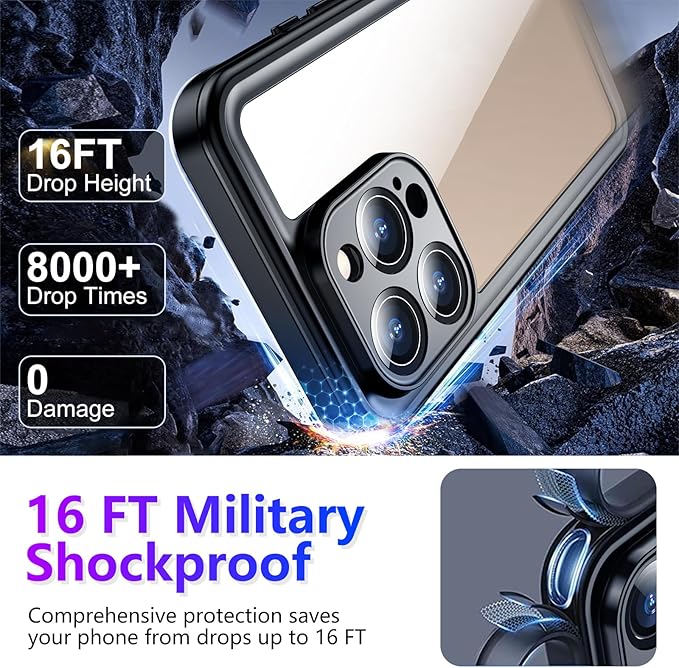 Temdan Compatible with iPhone 16 Pro Max Case Waterproof, Built-in Screen & Camera Protector IP68 Underwater Full Body 16FT Military Dropproof Shockproof Phone Case 6.9"-Purple/Clear