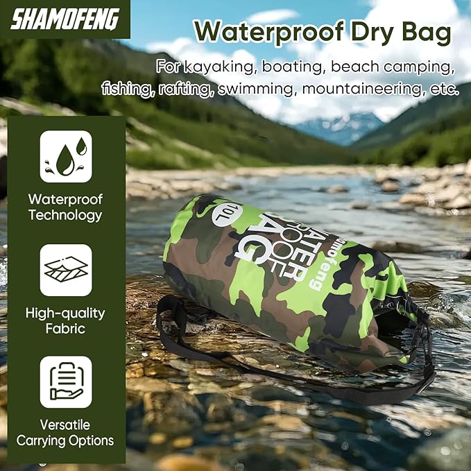 Waterproof Dry Bag 5L/10L/15L/20L/30L Roll Top Dry Storage Backpack with Phone Case, Collapsible Water Bottle, Sunglasses, Ear Band for Kayaking Boating Swimming Fishing Camping, Green 5L