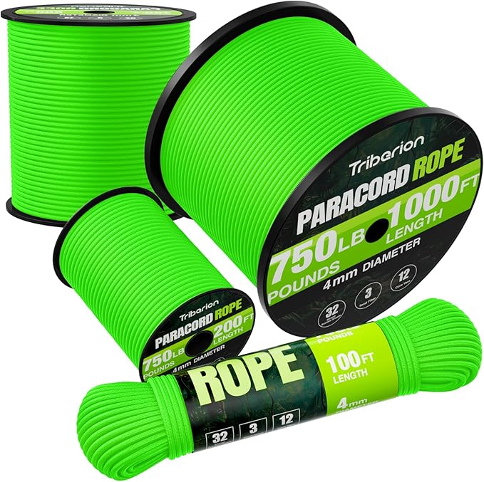 Paracord Rope 750 lb - 200ft 5/32" Parachute Cord 4MM 12-Strand para Cord - Heavy Duty Spool String for Survival,Camping Gear, Survival Bracelet, Clothesline - Neon Green