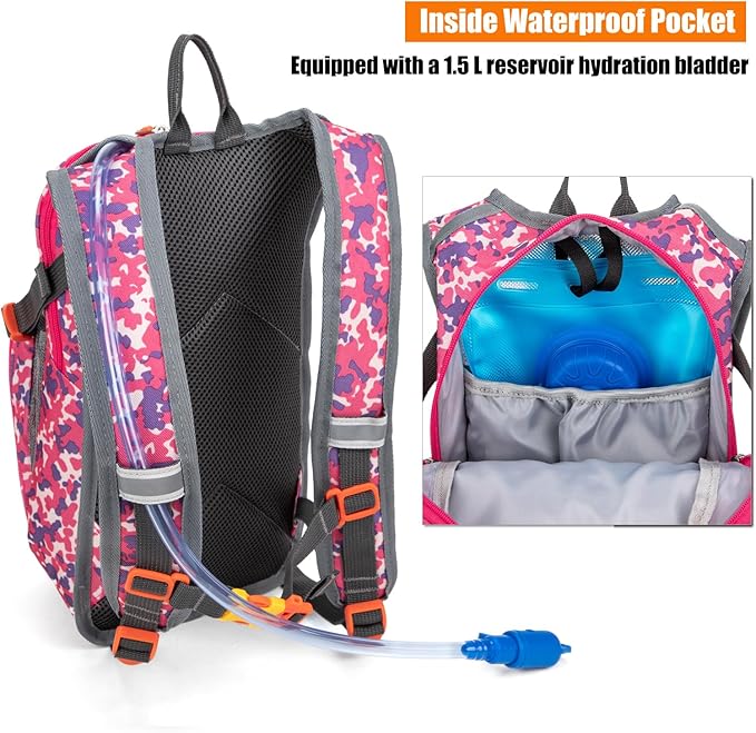Kids Hydration Backpack, Water Hiking Backpack for Boys or Girls with 1.5L Reservoir Bladder