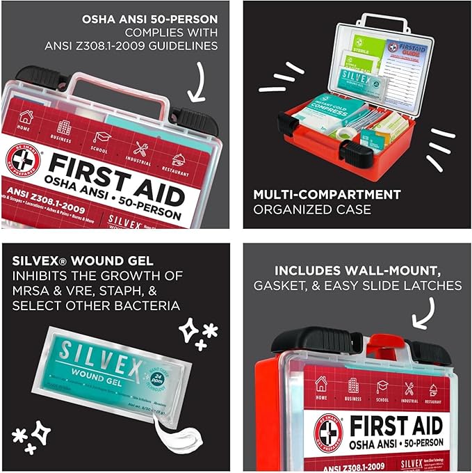 Be Smart Get Prepared OSHA/ANSI First Aid Kit - 50 Person, 250 Pieces - Designed for Home, Business, School, Industrial, and Restaurants - Compact & Portable