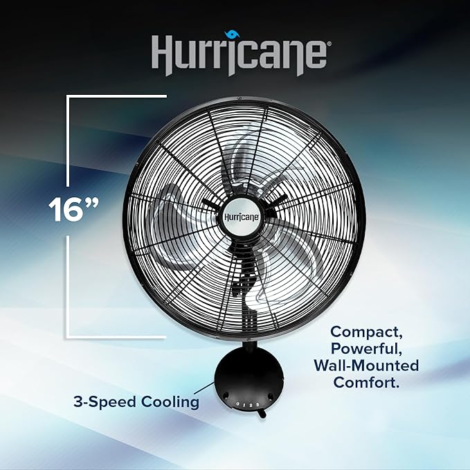 Hurricane 16" High Velocity Pro Oscillating Metal Wall Mount Fan w/ 3 Speeds, Black - Corded Electric Air Cooling Unit w/Powerful 2400 CFM Airflow for Home, Garage, Gym, Workshop & Greenhouse