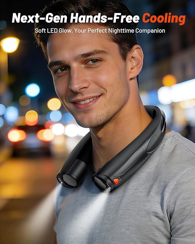 Portable Neck Fan, 6000mAh Rechargeable Personal Fan with 6 Speeds, Up to 20 Hours Runtime, 360° Cooling Wearable Fan with LED Light, Hands-Free Fan for Travel Camping Outdoor