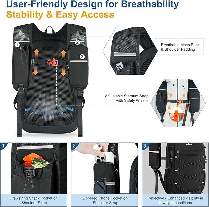 BECOJADDE Hiking Backpack 15L Small Backpack Packable Day pack Water Resistant Lightweight Travel Backpack for Women Men with Shoulder Strap Pockets for Hiking Camping Outdoor, Black