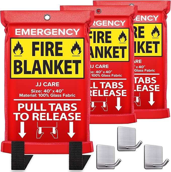 JJ CARE Fire Blanket – 3 Packs with Hooks – 40” x 40” Fire Blankets Emergency for Home and Kitchen, High Heat Resistant and Flame Protection for Kitchen, Car, Office, Camping & Home Safety