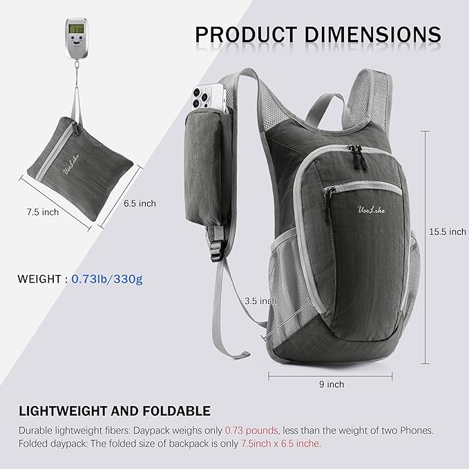 Uselike 10L Small Hiking Backpack Travel Daypack Lightweight Packable Back Pack for Women Men(Iron Grey)