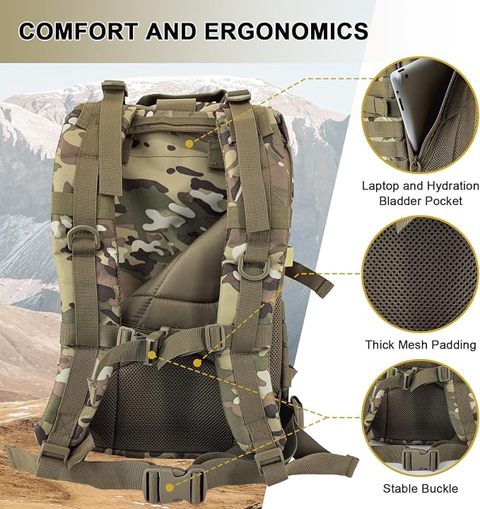 Hannibal Tactical MOLLE Assault Backpack, Tactical Backpack Military Army Camping Rucksack, 3-Day Pack Trip w/USA Flag Patch, D-Rings, Cp