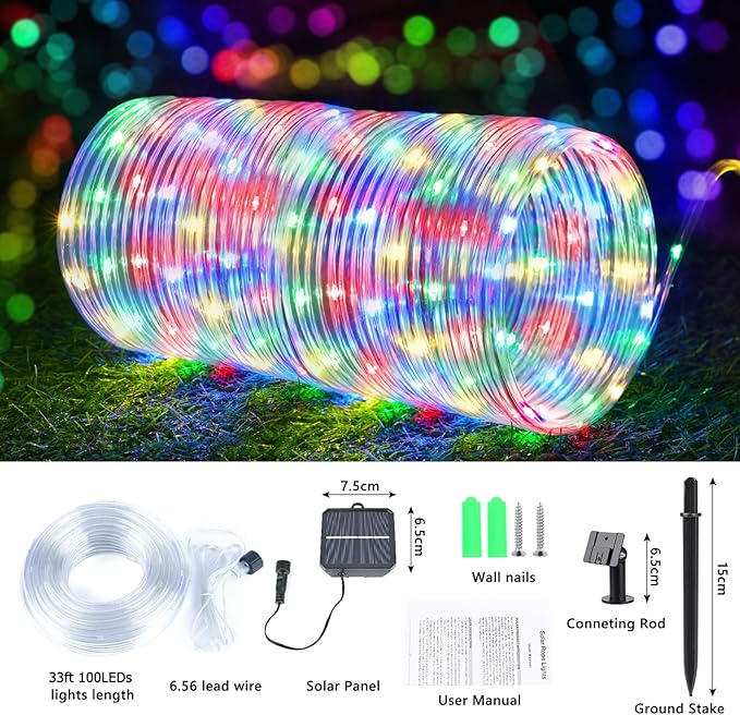 Solar Rope Lights, 2 Packs Total 66ft 200LED Solar String Lights, 8 Modes Waterproof Solar Powered Outdoor Light, Flexible Clear Tube Light for Garden Backyard Patio Deck Pool Tree Decor - Multicolor