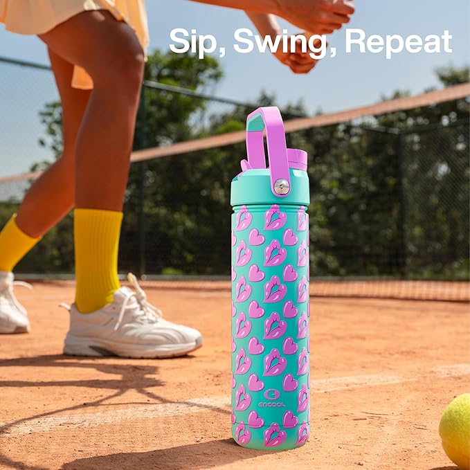 ENCOOL Valentine's Day Insulated Water Bottle with Straw Stainless Steel Water Bottle, Leak-Proof, BPA-Free, Keeps Cold for 24 Hours for Sports, Travel, School (26 oz, Kiss Love Violet x Mint)