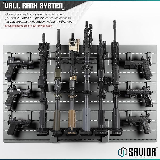 Savior Equipment Wall Rack System Heavy-Duty Steel Tactical Rifle Carbine Shotgun Handgun Storage Wall Mount, Modular Firearms Gun Wall Gear Accessories Organizer, Holds up to 6 Rifles & 6 Pistols