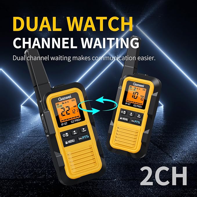 Gaswei G2pro+ IP67 Waterproof Floating Heavy Duty Walkie Talkies Long Range for Adults FRS Double PTT，FM radio,SOS,NOAA weather Rechargeable Two Way Radios 2 watts,VOX,Li-ion Battery (2 Pack - Yellow)