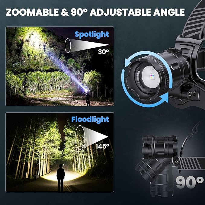 YNYS Rechargeable Headlamp with 4 Colors (White/Yellow/Blue/UV),990000Lumens Super Bright Headlights with 90° Adjustable, Zoomable, Waterproof Led Head lamp for Fishing Hunting Camping