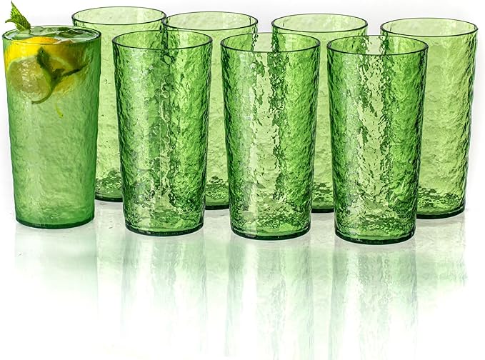 18oz Acrylic Glasses Drinkware (Set of 8), Ice-carved Design Unbreakable Plastic Cups, Reusable Plastic Drinking Glasses, Stackable, BPA-Free, Dishwasher-Safe (Green)