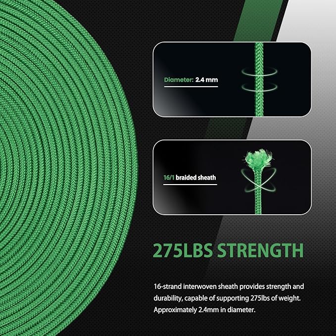 Abma Cord 2.4mm Paracord 275 100ft Nylon Rope 4 Strands Tactical Parachute Cord - Max. 275lbs - Jade Green