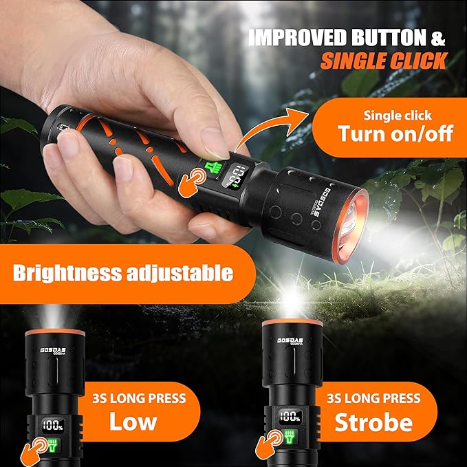 Rechargeable Flashlights High Lumens 100000 2 Pack, Super Bright 30W LED, Long Lasting 12H, Single Click 3 Modes, Multifunctional USB C Input Output LCD Power Display, for Camping Hiking Home