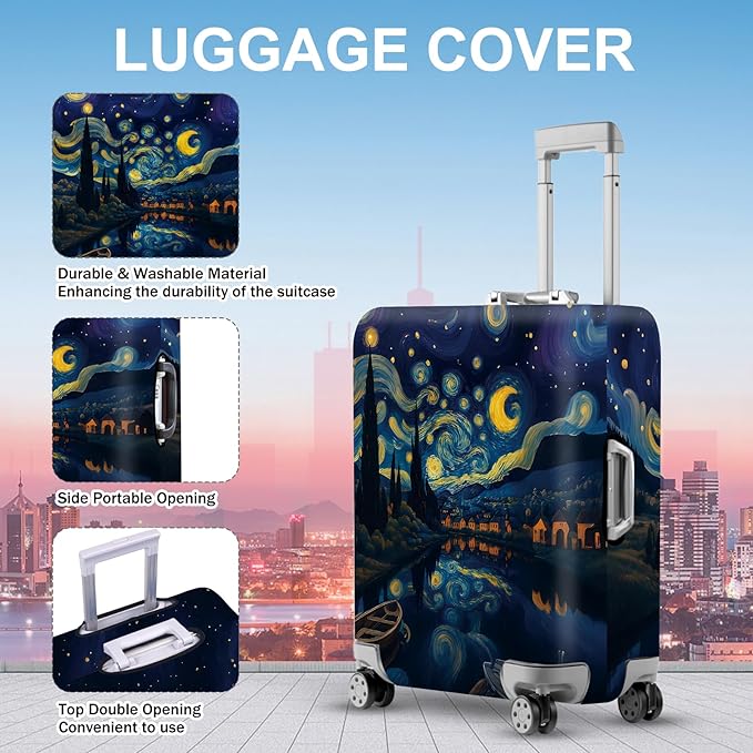 ANNA QUEEN Starry Night Art Luggage Cover, Van Gogh Inspired Suitcase Protector, Washable Stretchable Travel Sleeve for 20-22 Inch Luggage
