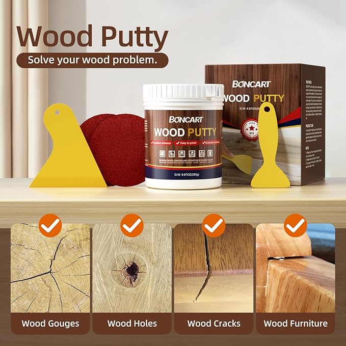 BONCART Wood Filler - Ebony, Paintable, Stainable, Sandable. Quickly Repair Holes, Cracks, Chips, Damage, and Scorched Wooden Furniture