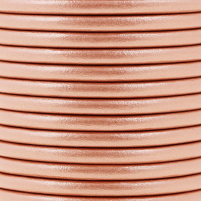 Mandala Crafts Round Genuine Rose Gold Leather Cord for Jewelry Making – 3mm Cowhide Leather Rope String Lace for Kumihimo – 20 Yards Cowhide Craft Cording Spool