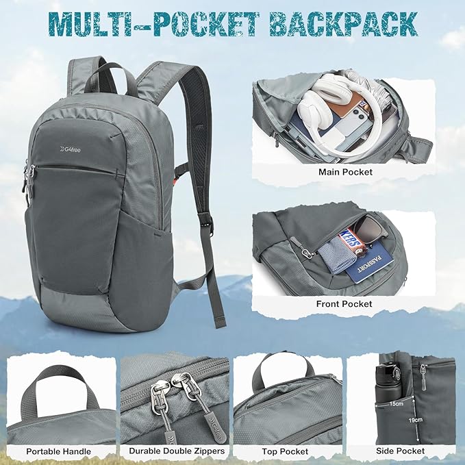 G4Free Small Hiking Backpack 20L Lightweight Foldable Packable Travel Daypack with Thickened Back Panel for Men Women (Grey)