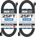 Iron Forge Cable 2 Pack 25 Ft Black Extension Cord, 16/3, 25 Foot Extension Cord, 3 Prong, Weatherproof - Great for Outside Use