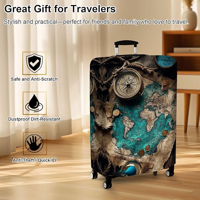 Luggage Cover Protector for 22-24 Inch Suitcases, TSA Approved Elastic Travel Suitcase Covers, Anti-Scratch Washable Luggage Sleeve for Carry On & Checked Bags, Ancient Map