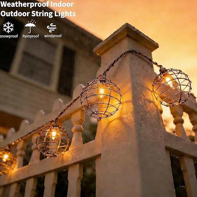 Decorative String Lights Indoor Outdoor, Patio Lantern Style String Lights with 10 Warm White Mini Bulbs, UL Listed Connectable Weatherproof Plug In Lights for Home Decoration(Iron Wire Twist Ball)