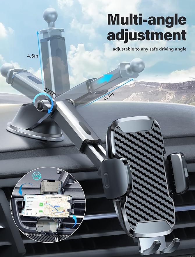 Phone Holder Mount for Car [Strong Suction] Hands-Free Universal Cell Phone Mounts for Dashboard/Windshield, 360° Rotation Extendable Mobile Car Holder for Smartphones