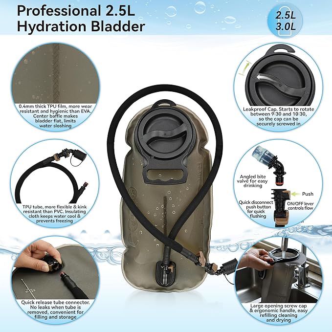 MARCHWAY Tactical Molle Hydration Pack with 2.5L TPU Water Bladder, Low-Profile Organized Military Backpack for Hiking, Cycling, Backpacking, Hunting, Running