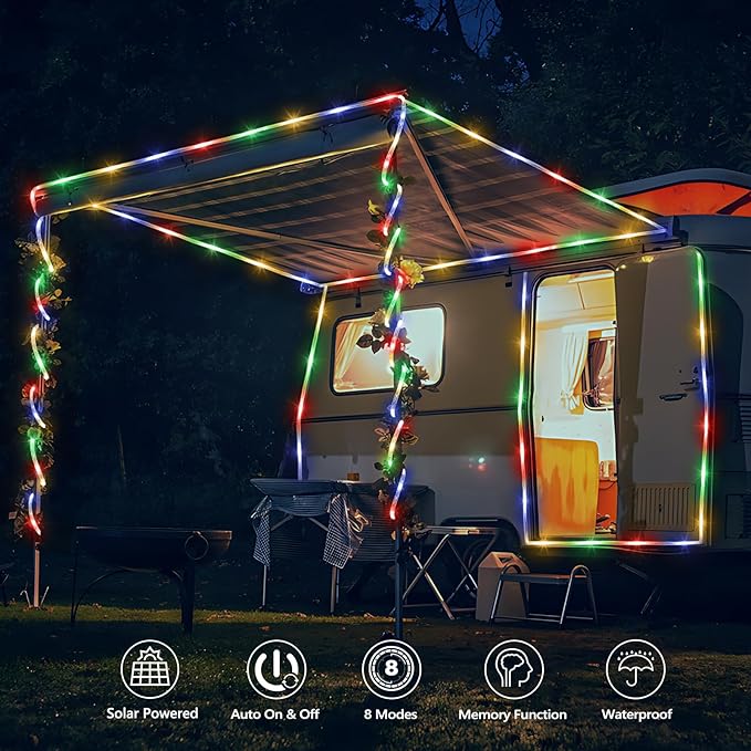 Solar Rope Lights, 33ft 100LED Solar String Lights, 8 Modes Waterproof Solar Powered Outdoor Light, Flexible Clear Tube Light for Garden, Backyard, Patio, Deck, Porch, Pool, Tree Decor - Multicolor