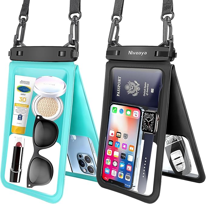 Niveaya [Up to 10.5"]Waterproof Phone Pouch - 2 Pack, Waterproof Phone Lanyard Case with iPhone 17/16/15/14/13 Pro Max up to 9.5", Phone Dry Bags for Vacation Beach Pool Kayak Cruise Travel Essentials