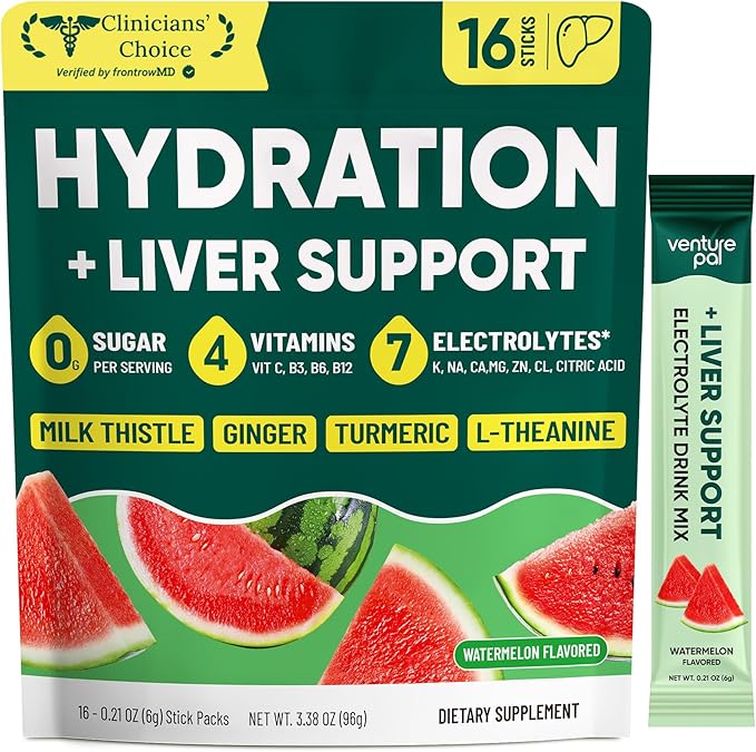 Venture Pal Hydration Packets + Liver Support- Liquid Daily IV Electrolyte Powder Packets with 7 Electrolytes & 5 Vitamins, Milk Thistle + L-Theanine | Sugar-Free | Keto Friendly | Vegan, 16 Sticks