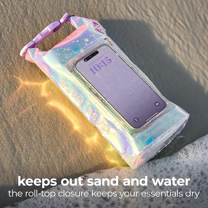 Case-Mate Soap Bubble Mini IP68 Waterproof Bucket Bag - Roll Top Dry Bag 2L Cap with Waterproof Pouch for Swimming Kayaking Boating Travel and More - for Phones Up to 7" - Iridescent