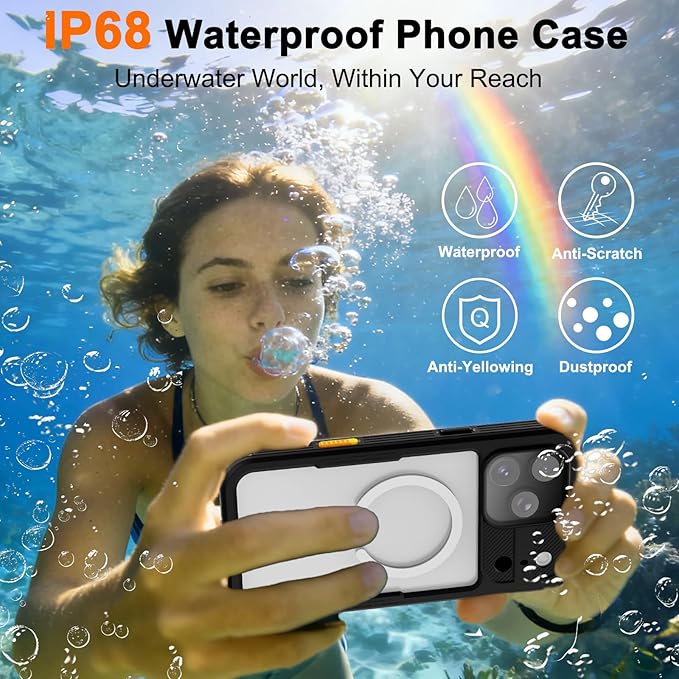 Phone Case for iPhone 17 Pro, IP68 Submersible [6.6FT] Military Grade Waterproof Shockproof with MagSafe Compatible Wireless Charging, Built-in Screen Protector for Swimming Outdoor Sports