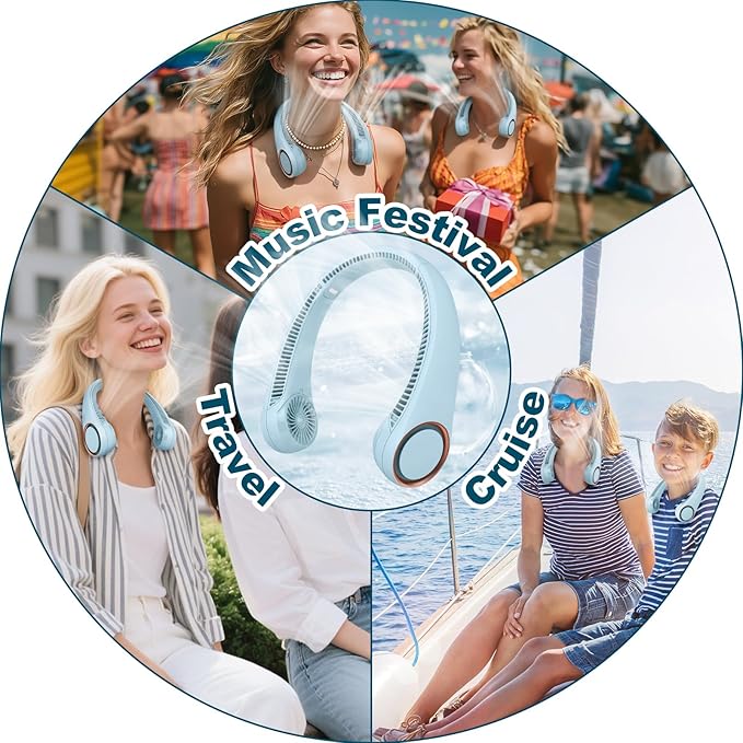 CIVPOWER Neck Fan: Portable Personal Neck Cooling Rechargeable Bladeless Fan - Hands Free 3 Speed 4000 mAh Battery USB Operated Wearable Headphone Design - Gift for Men Women Outdoor (Light Blue)