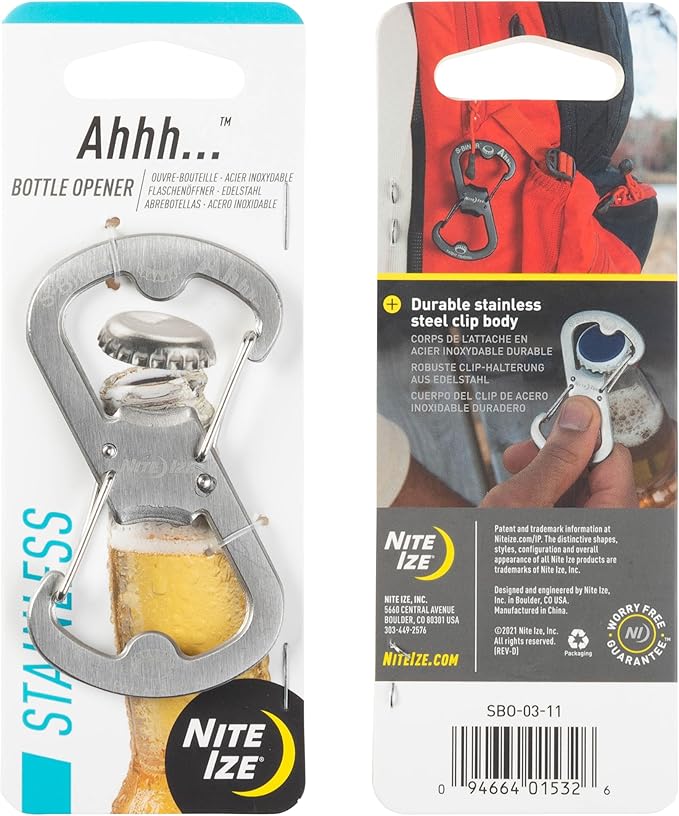 Nite Ize Ahhh... Stainless Bottle Opener - Keychain with S-Biner Functionality - Heavy-Duty Dual Bottle Opener Carabiner - Keychain Accessories - Stainless Steel, 4 Count (4 Pack)