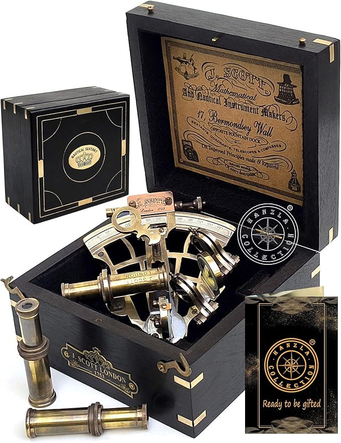 J. Scott London Brass Ship Sextant with Hardwood Box – Vintage Nautical Marine Navigation Instrument, Collectible Maritime Decor Handmade Gift for Father's Day, Baptism, Partner, Best Men, Graduation