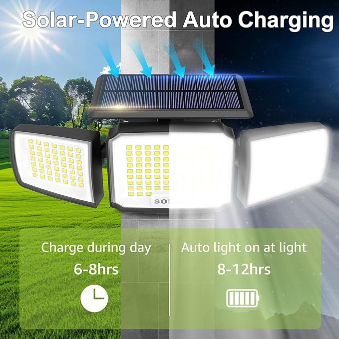 DAMINY Solar Security Light with Motion Sensor,Super Bright LED,Solar-Motion Lights Outdoor Waterproof,Easy Install,3 Heads 270°Wide Angle Flood Light with 3 Lighting Modes-3 Pack