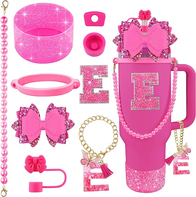 9PCS Hot Pink for Stanley Cup Accessories Set Bling Initials Bow Charms for Stanley Decorations 30/40 Oz Tumbler Accessories Including Bow Straw Topper, Handle Strap, Spill Stopper（Letter E）