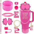 9PCS Hot Pink for Stanley Cup Accessories Set Bling Initials Bow Charms for Stanley Decorations 30/40 Oz Tumbler Accessories Including Bow Straw Topper, Handle Strap, Spill Stopper（Letter E）