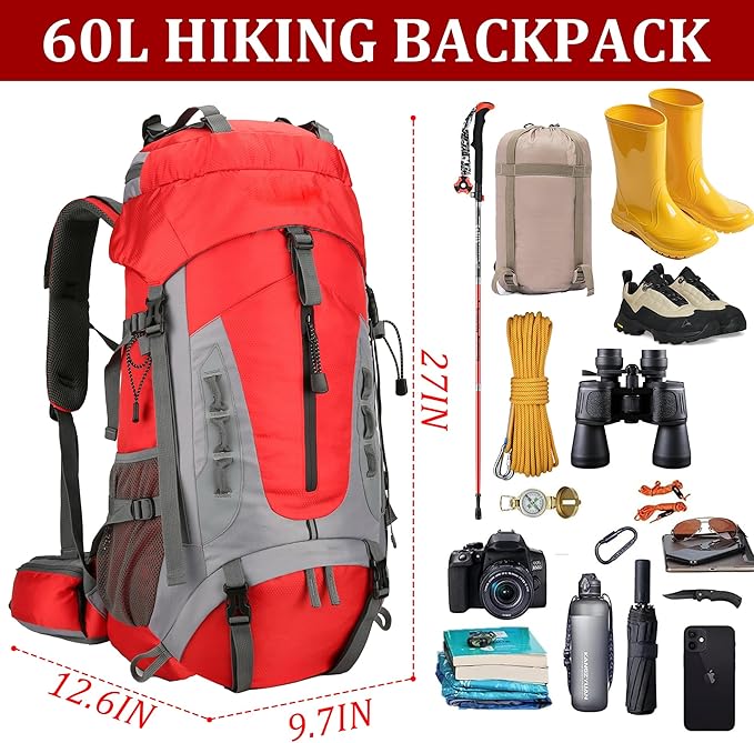 75L Hiking Backpack with Rain Cover Waterproof Camping Backpack Shoes Warehouse for Men Women, Frameless