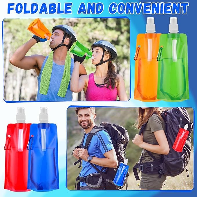 Teenyyou 48 Collapsible Water Bottles Bulk 16 oz with Carabiner Clip Cooling Towels 40'' x 12'' Reusable Leak Proof Water Bottles Mixed Color Ice Towel for Sports Biking Hiking Outdoor (6 Colors)