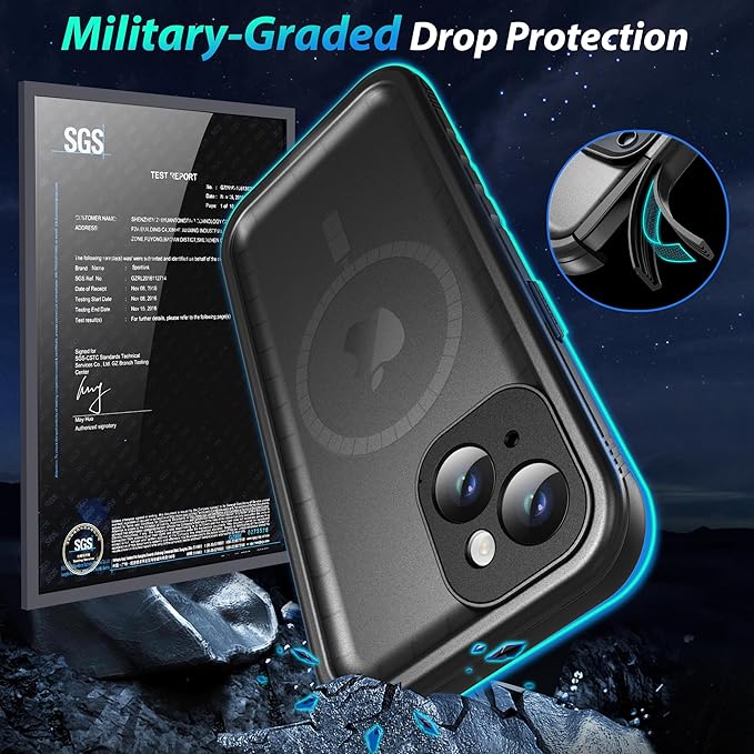 SPORTLINK for iPhone 13 Case Waterproof - Buit in Screen Protector [Compatible with MagSafe][IP68 Underwater][6.6FT Military Dropproof][Dustproof] Full Body Shockproof Case 6.1" Black